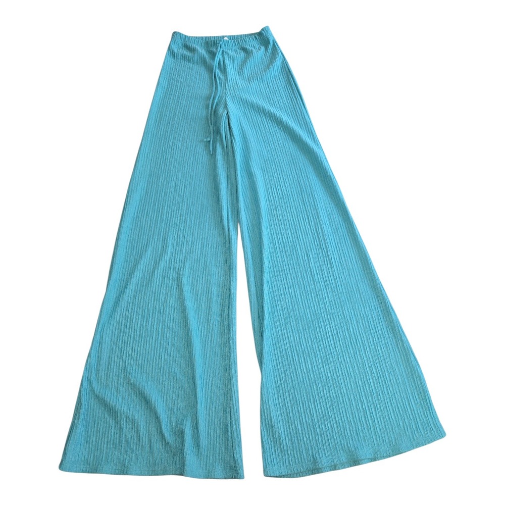 Yellow Cabbage Womens Wide Leg Ribbed Knit Pants Turquoise Blue High Waist XL